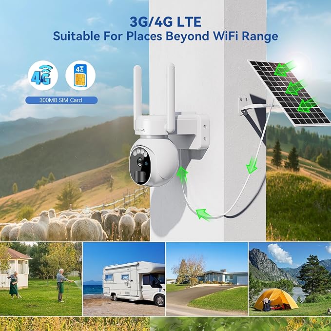 Xega 4G LTE Security Camera No WiFi with SIM Card 2K Super HD Solar Powered Wireless Outdoor 4G Security Camera PIR Motion Sensor Night Vision 2 Way Talk 【Built in SIM Card】