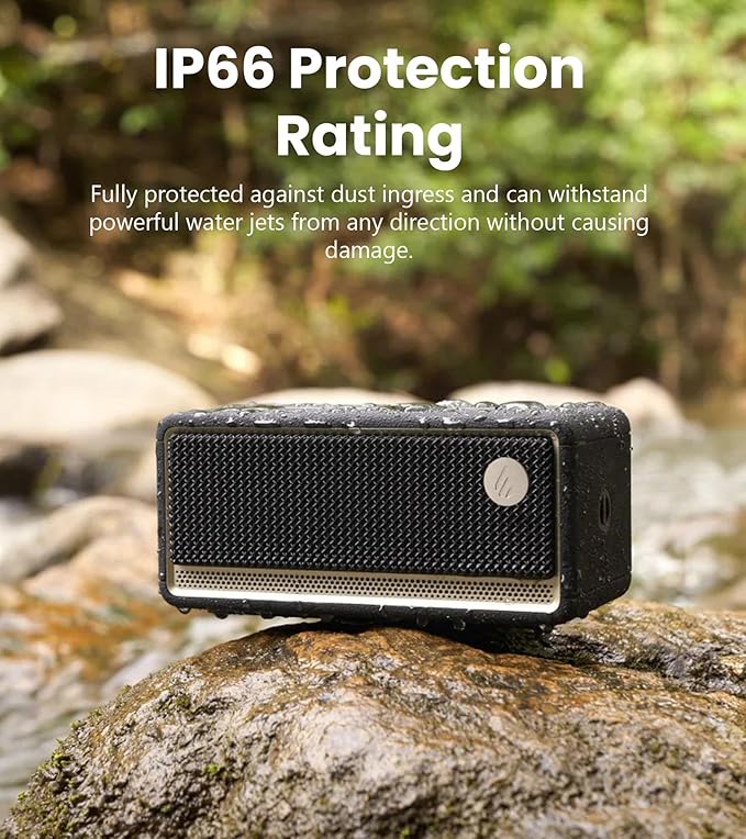 Edifier ES60 Bluetooth Speaker, Portable with Stereo Pairing, IP66 Dustproof & Waterproof 9H Playtime BT5.4 34W RMS Dual Device Connection Ambient Light for Home Party Outdoor Beach – Black