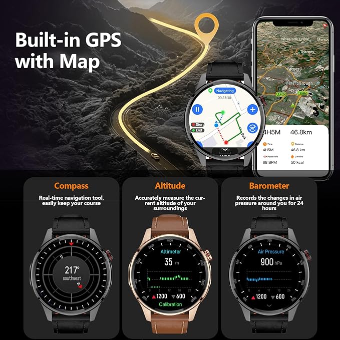Smart Watch for Men Built-in GPS with Map, 1.46" AI Smartwatch with Health Monitor for Android Phones/iPhone, 100+ Sport Modes Fitness Tracker with Compass/Altitude/Barometer, Text Reply(2 Bands)