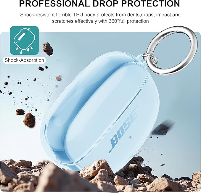 for Bose Ultra Open Earbuds Case Clear 2024,Full Protective Shockproof Soft Transparent TPU Cover for Bose Open Ear Wireless Earbud Headphone Accessories with Carabiner and Cleaning Pen-Blue