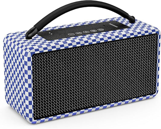 DINDIN Portable Bluetooth Speaker: 80W (Peak), 20H Playtime, Loud Wireless Wood Speakers with Bass, AUX and USB Input, Subwoofer, TWS Pairing, Vintage Speaker for Outdoor, Home, Office (Blue+White)