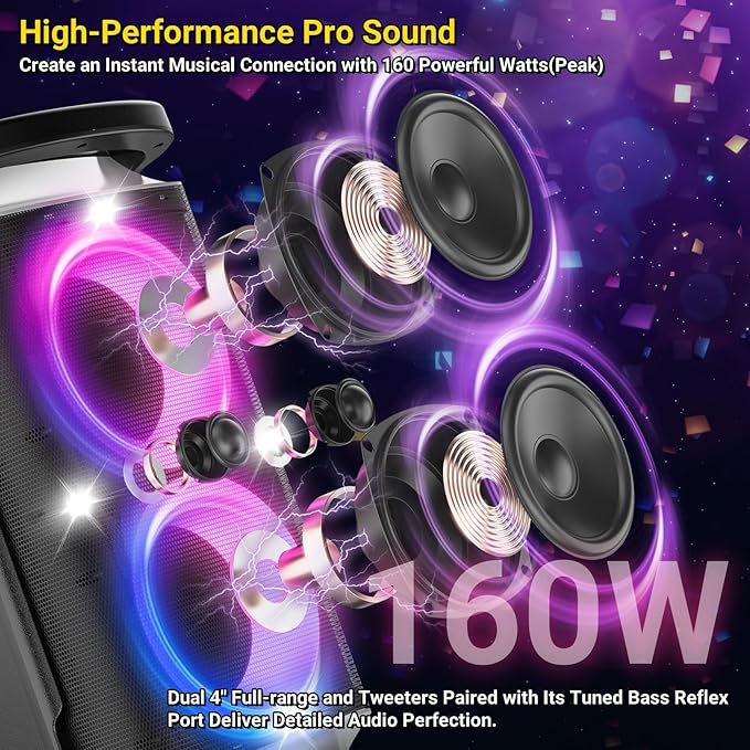 Portable Bluetooth Speaker: 160W Peak Powerful Loud Sound Deep Bass Wireless Boombox Large Subwoofer 15 Hours Battery Life Fast Charging