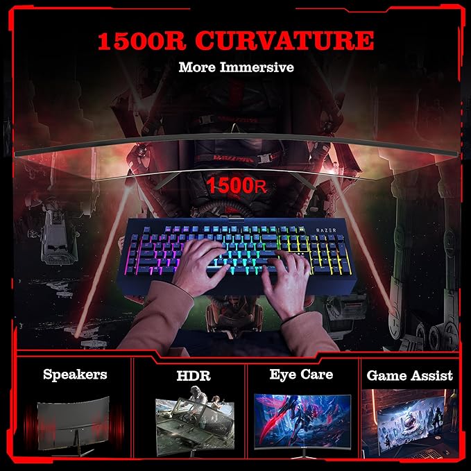 27 Inch Gaming Monitor Curved 1440P 180HZ 2K, Professional PC Display QHD 2560x1440p Home Office Computer Screen, HDMI, DP, AdaptiveSync, 1500R, Tilt Adjustable, Build-in Speaker, 100x100mm VESA