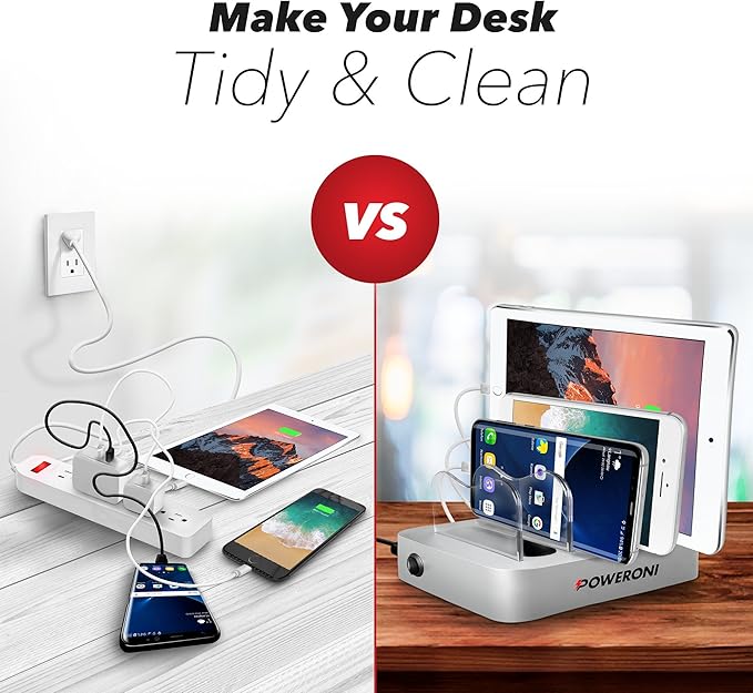 4 Port USB Charging Station - Fast Charging Dock for Multiple Devices Apple - Multi Device Charger Station - Compatible with Apple iPad, iPhone, Android, and Tablet - Charging Rack