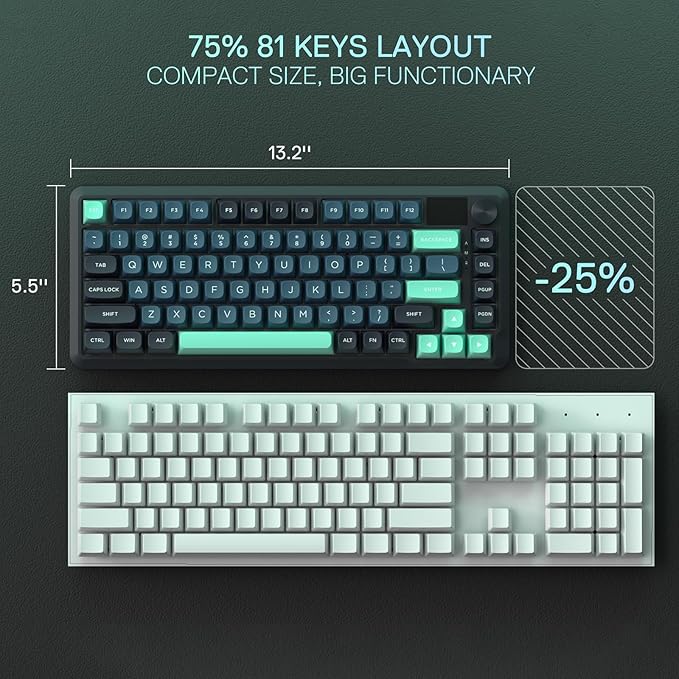 Redragon K724 PRO Wireless Gasket Gaming Keyboard w/Hype Screen & Knob, 81-Key Mechanical Keyboard, Easy-Control 1.14’’ TFT Info Display, 5-Layer Noise Dampening, Custom Linear Switch, Dark Jade Color