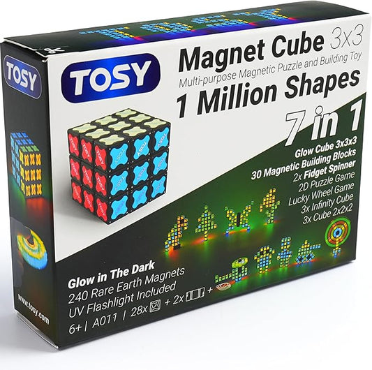 TOSY Magnet Cube 3x3 - 240 Magnets, 30 Blocks, 7in1 Toy: Puzzle Cube Game, Creative Building Blocks, Transformable Fidget Spinner, Infinity Cube, Magnet Tiles, UV Flashlight, Glowing STEM/STEAM Toy