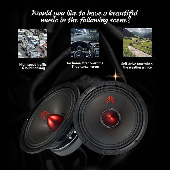 MX80E2 Midrange Loudspeaker 8" Red Bullet, 640W Max, 4 Ohms, Premium Quality Audio Door Speakers for Car or Truck Stereo Sound System, Black (2 Speaker)