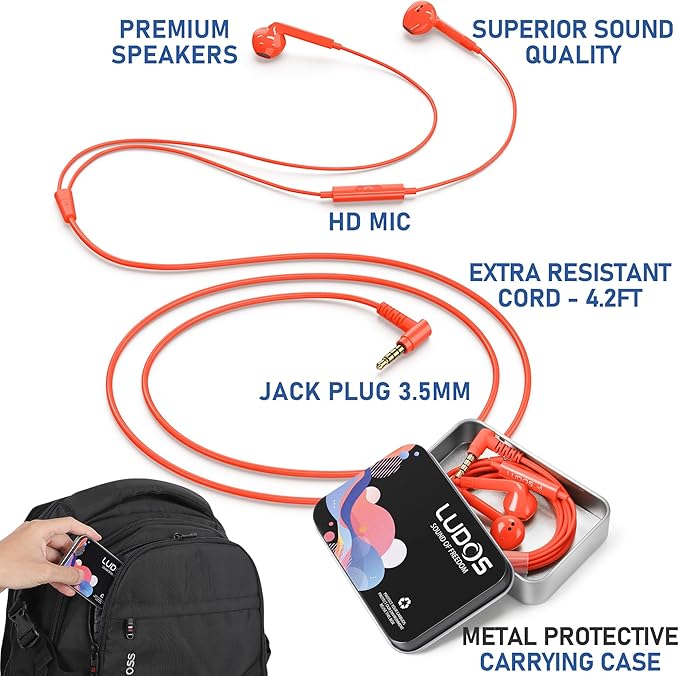 LUDOS FEROX Wired Earbuds in-Ear Headphones, 5 Years Warranty, Earphones with Microphone, Noise Isolation Corded for 3.5mm Jack Ear Buds for iPhone, Samsung, Laptop, Kids, School Students - Coral