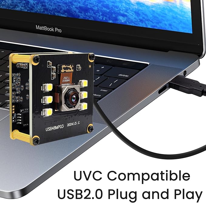 48MP USB Camera 8K Camera Fast Autofocus USB Webcam Module with No Distortion Lens with 6pcs White LEDs PC Computer Cam Plug and Play for Industrial Inspection Document Scanning