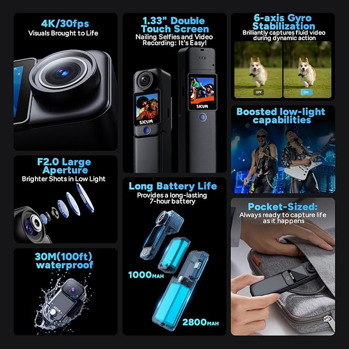 SJCAM C300 4K Pocket Action Cam with Stabilization,154° Wide FOV Video Recroding,64GB Card vlogging Camera,7h use time,30m Waterproof Body cam, Magnetic Werable Camera for Travel,Creators,Kids