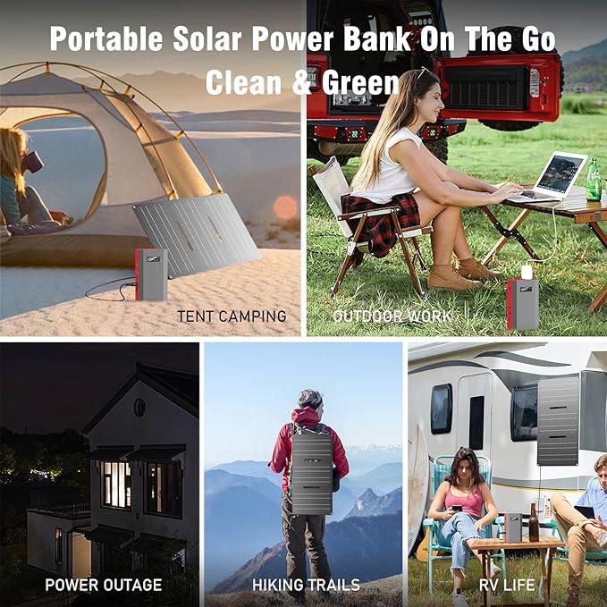 Portable Solar Power Bank with AC Outlet 65W 110V External Battery Pack, 24000mAh Portable Laptop Charger with Foldable Solar Panel 30W for Outdoor Smart Device Camping Hiking Trip Off Grid Backup