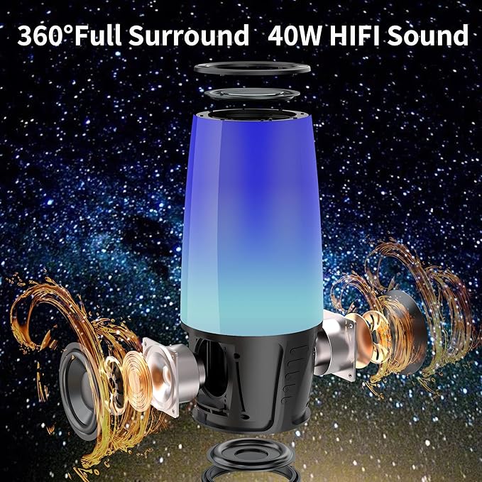 FDY Portable Bluetooth Speaker,9 Color LED Lighting,Wireless Speakers 40W Loud Sound,IPX6 Waterproof,Bluetooth 5.3,360° Stereo Sound Effect for Home/Outdoor/Party/Beach, Birthday Gift(Colorful)