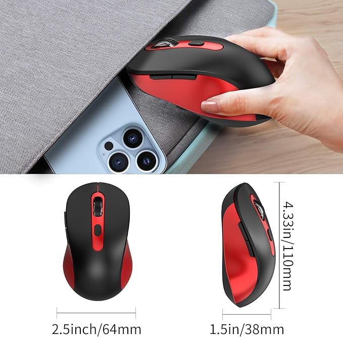Wireless Mouse for Laptop, PC, Chromebook, Mac, MacBook, Silent Mouse with USB Nano Receiver, Side Button, 2400 DPI, Anti Slip Roller, 6 Button Ergonomics Cordless Computer Mice - Black Red
