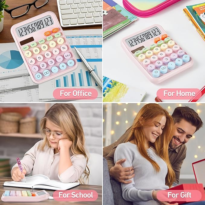 Basic Desktop Calculator with 12-Digit Large LCD Display & Big Buttons – Dual Power (Solar & Battery), Easy to Press Mechanical Switch Calculator – Cute Office Desk Supplies for Home and School (Pink)