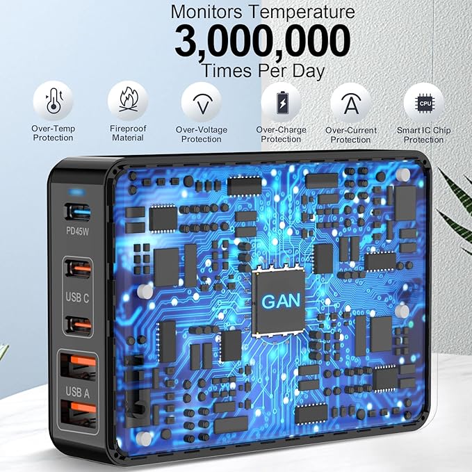 USB C Charger Block 100W, 5 Ports Charging Blocks Ultra Thin Flat Plug, USB Charging Hub with 360° Rotated Adhesive Punch-Free Holder, Charging Station for Laptops, Tablets, Cellphones Stuff