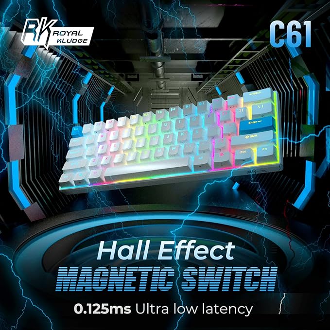 RK ROYAL KLUDGE C61 HE Gaming Keyboard 60% Wired Mechanical Keyboard with Hall Effect Magnetic Switch 8000Hz Polling Rate Rapid Trigger RGB Backlit, 61 Keys, White Blue
