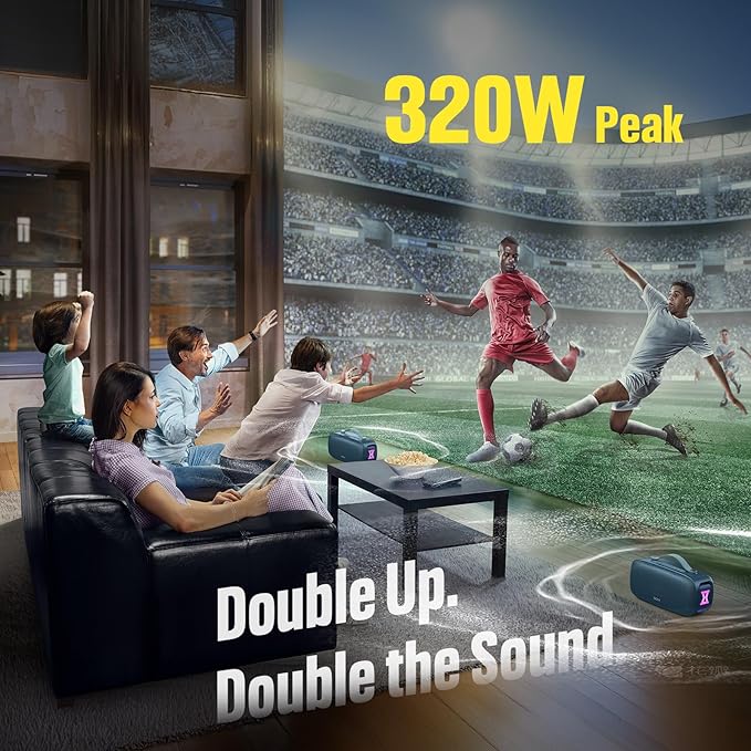 DOSS Extreme Boom Pro D300 Bluetooth Speaker, 80W Immersive Stereo Sound, 3-Mode Pro EQ, 20H Playtime, Beat-Driven Lights, IPX6 Waterproof for Camping, Beach, Backyard and House Parties-Black