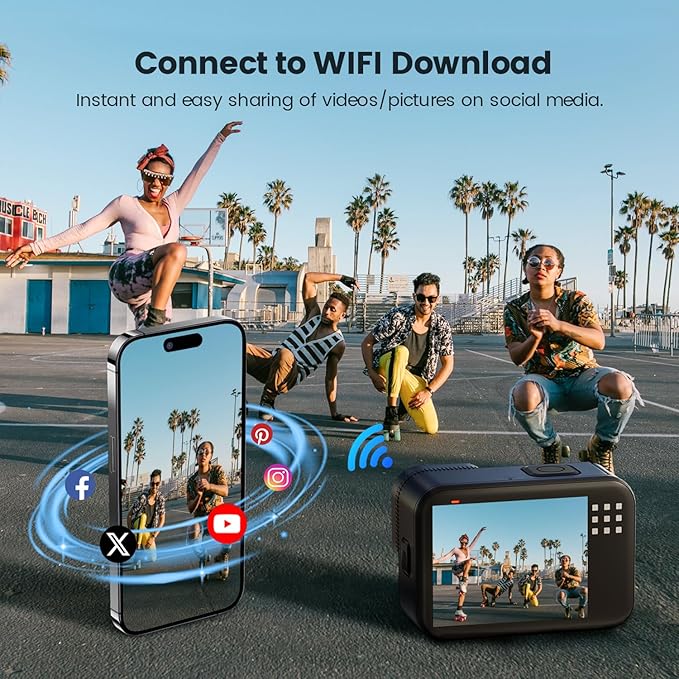 4K 60FPS 48MP WiFi Action Camera with Touch Screen, 50FT Underwater Waterproof Camera, No Case Needed, EIS Motorcycle Camera, 8X Zoom, 64GB Card, Remote Control, Batteries & Mounting Kits