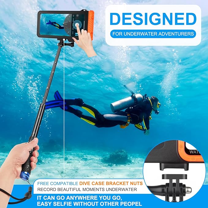 Bluetooth Selfie Stick, Underwater Diving Surfing Swimming Bluetooth Phone Selfie Stick, Extendable & Portable Waterproof Video Recording Compatible with iPhone/Android Cellphones and Gopro AKASO etc.