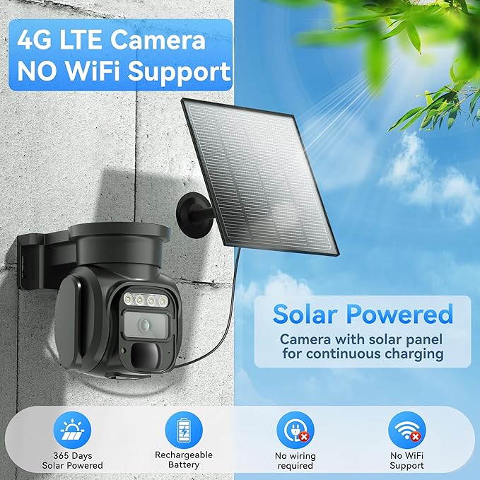 KKB 4G LTE Cellular Security Cameras Wireless Outdoor, No WiFi Solar Security Camera, 2K HD Cam Color Night Vision, 2-Way Audio, 355° Live View, PIR Motion Sensor (SIM Card Included)
