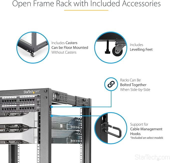 StarTech.com 4-Post 8U Mobile Open Frame Server Rack, 19in Network Rack with Wheels, Small Rolling Rack for Computer/AV/Data/IT Equipment, Casters, Leveling Feet or Floor Mounting (4POSTRACK8U)