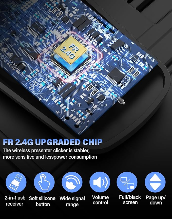 Presentation Clicker Wireless, 2-in-1 USB/Type C Rechargeable Presenter Remote Control for PowerPoint, PPT Clicker Red Laser Pointer, Slide Advancer RF2.4GHz (Red Light, USB C Rechargeable)