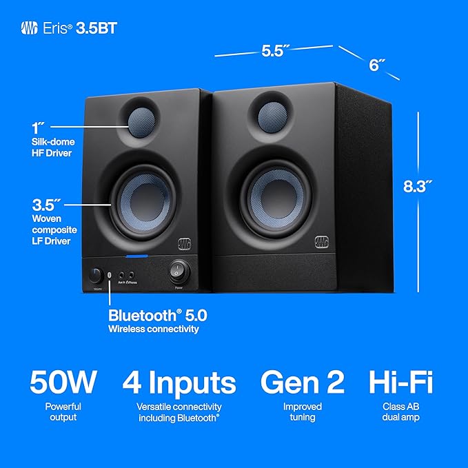 PreSonus Eris 3.5BT Studio Monitors, Pair — 3.5" Inch Powered Bookshelf Speakers, Stereo, Desktop Computer, Near Field Music Production, Audio Mixing Recording