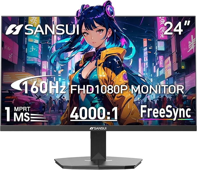 SANSUI 24 Inch Gaming Monitor 160Hz FHD 1080P Computer Monitor, FreeSync 1ms 4000:1 Contrast, HDMI DP Ports VESA Support Eye Care Monitor for Gaming Office (HDMI Cable Included ES-G24F4M)