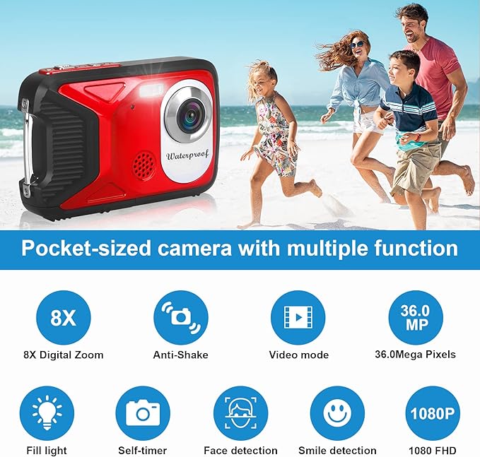 Waterproof Digital Camera with 32GB Card HD 1080P 36MP Underwater Digital Camera for Kids Teens Students Boys Girls(Red)