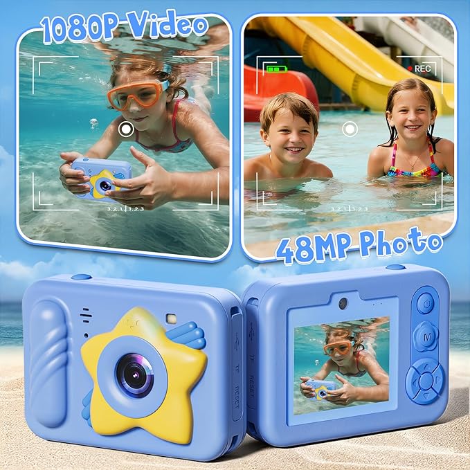 Underwater Camera, 48MP 5FT Waterproof Digital Camera with 32GB Card, Autofocus Floatable Waterproof Camera with HD Screen, 8X Digital Zoom, for Kids Water Park, Swimming (Star Style, Blue)