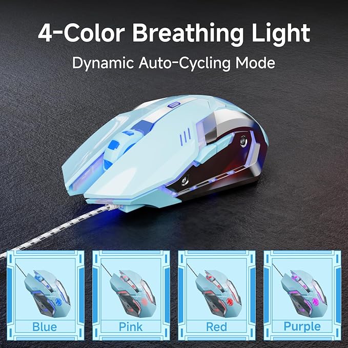 EWEADN G3 Wired Gaming Mouse, 2400 DPI Wired Optical Mouse with 6 Programmable Macro Buttons, Metal Base, 4-Color Breathing Light for PC/Laptop/Windows-Blue