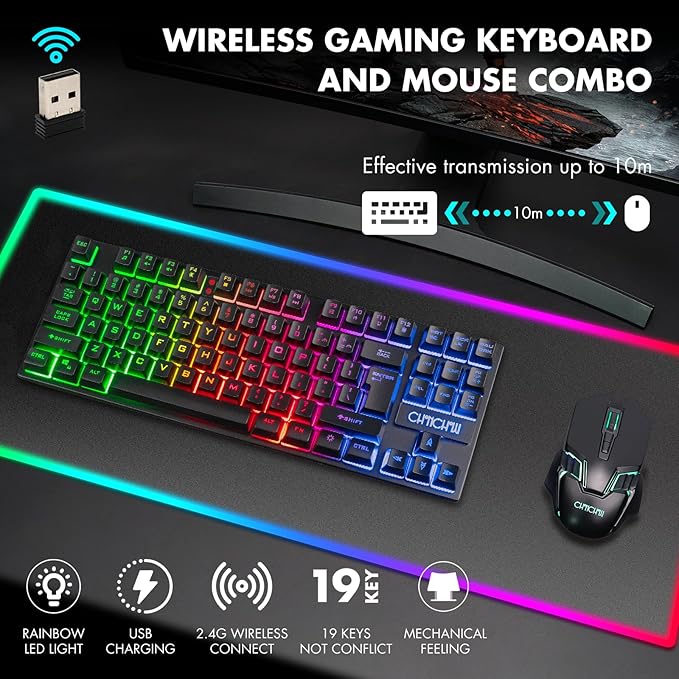 CHONCHOW Wireless Gaming Keyboard and Mouse Combo, Rechargeable 87 Key LED Light Up Keyboard, Ergonomic Wireless Gaming Mouse, Backlit for Xbox PS4 PC Laptop