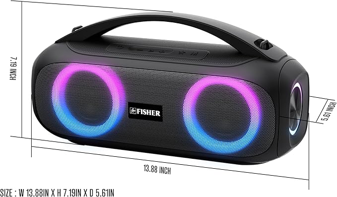 Fisher Portable Bluetooth Speaker IPX5 Water Resistent Speaker, 60W Peak Power Bluetooth Stereo Boombox HD Sound, 3H Playtime, LED Lights, TWS, BT5.3, FM Radio, AUX, Wireless Electronic Home Outdoor