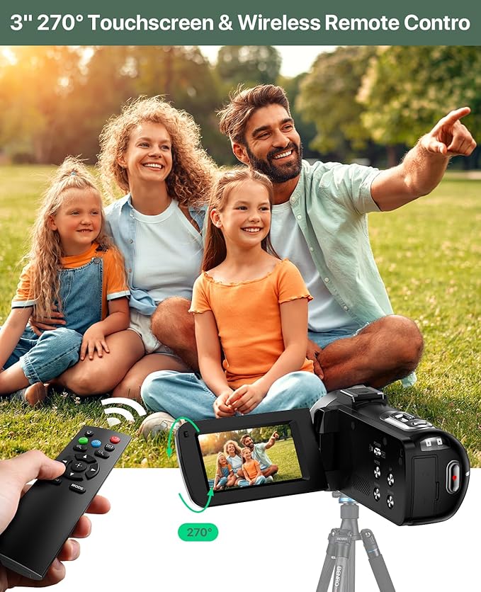 4K Video Camera Camcorder 64MP Vlogging Camera for YouTube 3.0" Touch Screen 18X Digital Zoom IR Night Vision with External Stereo Microphone,Remote,Lens Hood,Handheld Stabilizer,32G Card &2 Batteries