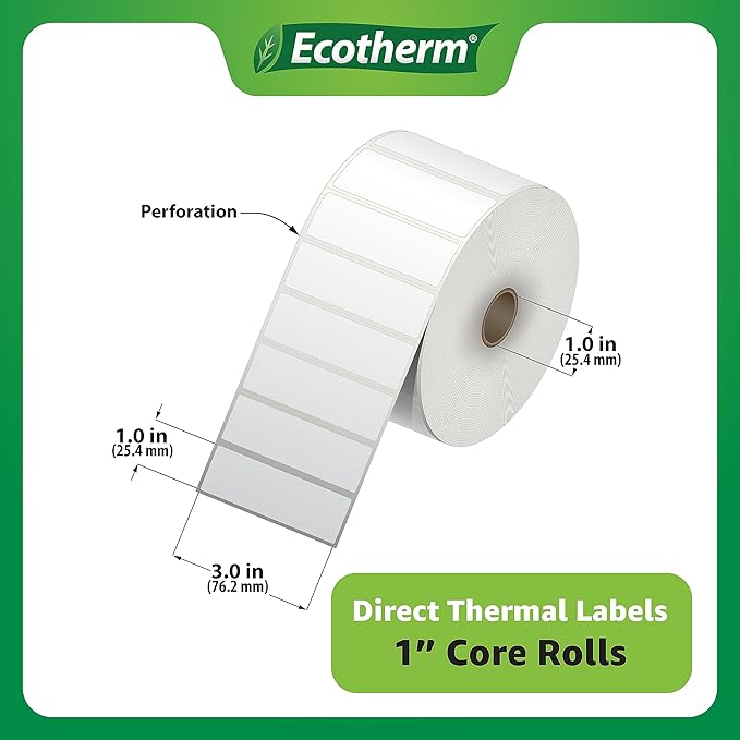 3" x 1" Thermal Labels | 6 Rolls | 15000 Labels | fits Zebra, Munbyn, Rollo, Godex, Arkscan, iDPRT, Offnova Thermal Label Printers and More | Blank White Adhesive Stickers by Ecotherm