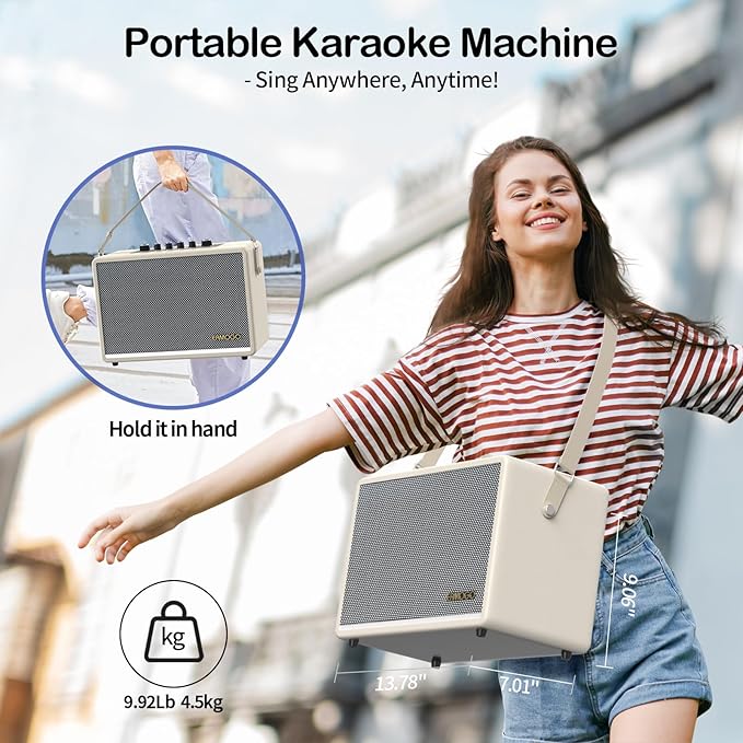 Portable Bluetooth Speaker with 2 Wireless Mics | 70W Peak Deep Bass Birchwood Cabinet | Bluetooth PA System for Outdoor Camping, Backyard| Dynamic LED Lights USB/AUX/OTG Rechargeable Battery (White)