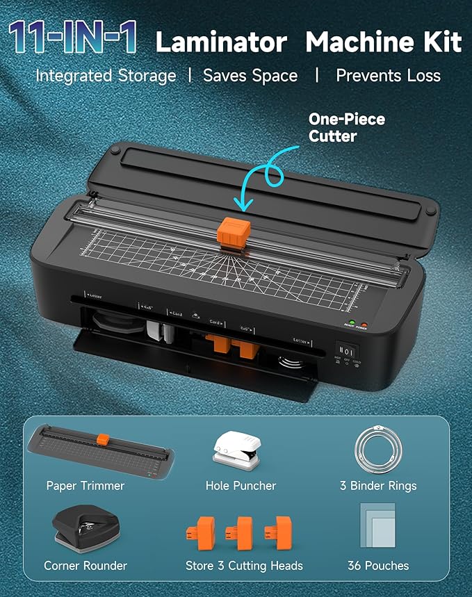 Laminator Machine, 11 in 1 Laminating Never Jam Technology with 36 Laminating Sheets, 9 Inch Thermal Laminator A4 Laminating Machine Hot & Cold Mode for Home Office School Black