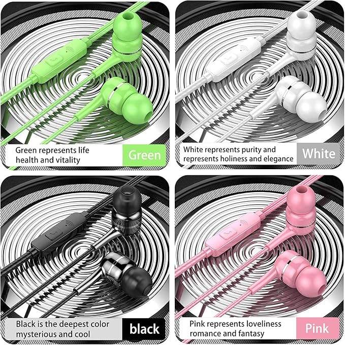 4 Pakcs Wired Earbuds with Microphone, in-Ear Earphones for School, Deep Bass Clear Sound, Noise Isolating, Fits 3.5mm Jack iPhone iPad Samsung Google Devices (Black White Pink Green)