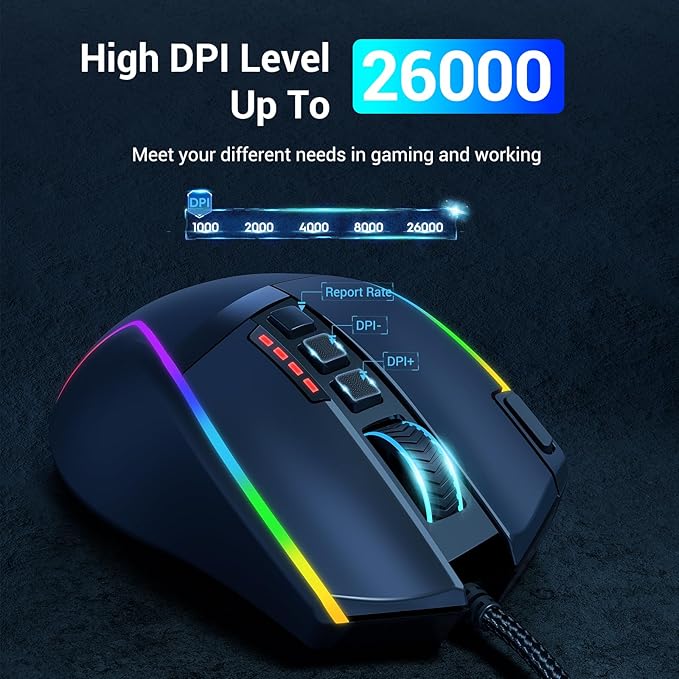 Redragon Gaming Mouse, Wired Gaming Mouse 26,000 DPI Opitacl Sensor, Ergonomic Mice with Fire Button, Macro Editing Programmable RGB Mouse for Laptap/PC/Mac