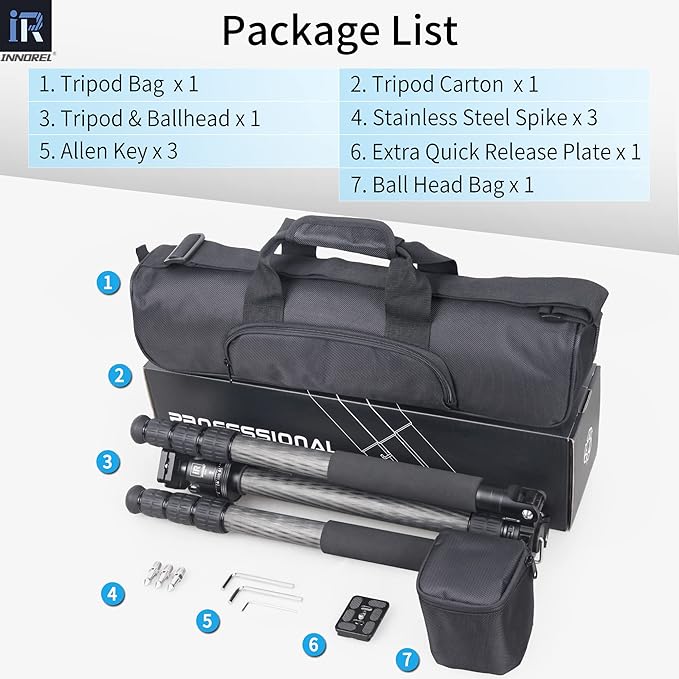 Carbon Fiber Tripod-INNOREL RT85C Super Professional Tripod Monopod Heavy Duty Stand Support Low Gravity Center 360°Panoramic ballhead for Digital DSLR Camera Black