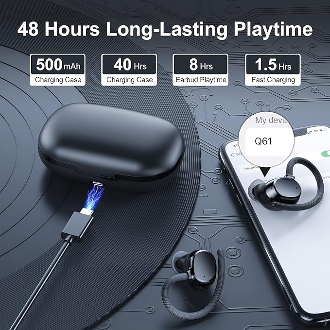 Wireless Earbuds, HiFi Stereo Sport Bluetooth 5.3 in-Ear Headphones with Earhooks, 48H Deep Bass, LED Display, Noise Cancelling, IP7 Waterproof Earphones Built-in Microphone for Running
