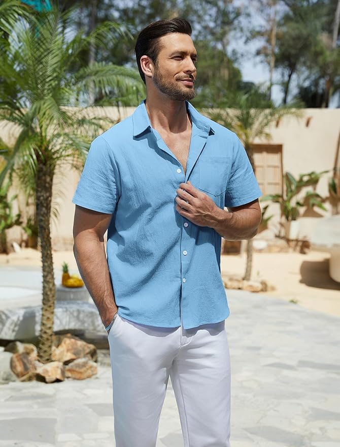 Vssjavun Mens Short Sleeve Button Down Shirts Casual Cotton Shirt Summer Beach Tops with Pocket