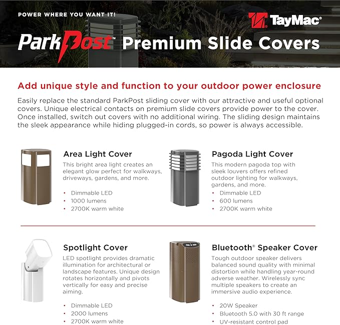 TayMac Gray Bluetooth Speaker Slide Cover PPSPG for ParkPost Outdoor Power Enclosure (Required), Wireless Speaker with Built-in Slot for Mobile Device, Outdoor Bluetooth 5.2