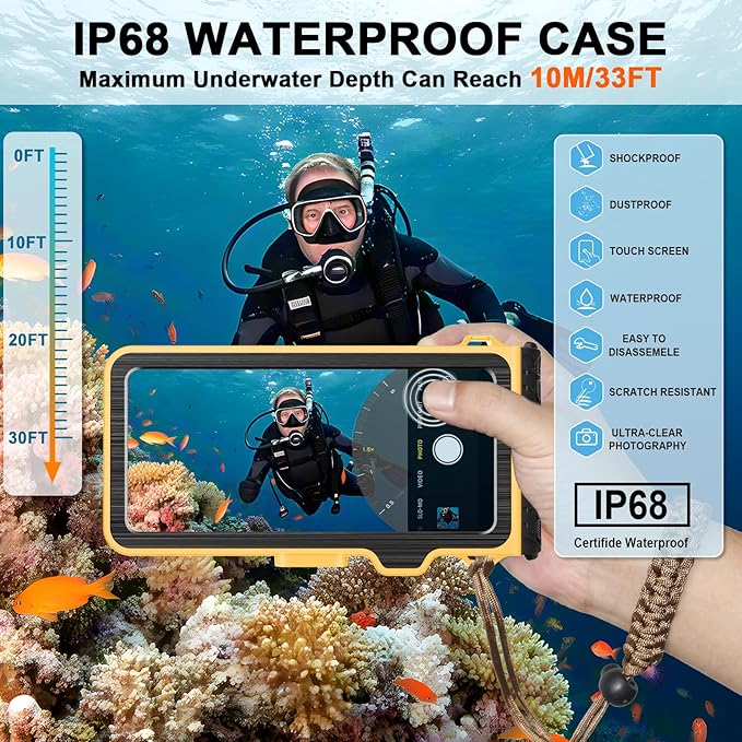 2025 Upgrade Waterproof Phone Case, Diving Snorkeling Swimming Scuba Underwater Touch Screen Photo Video Housing Cover for 17/16/15/14/13/12/11 Pro Max/XS Samsung Galaxy S25/S24/S23/S22 (Yellow Black)