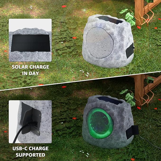 2-Pack Rock Speakers Outdoor Water-Resistant Solar Powered Patio Speaker with 3 Mode Lights and Pair System and USB Rechargeable for Pool Outside Garden Yard Deck