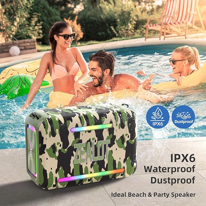 ZEALOT 120W Bluetooth Speaker, Loud Wireless Speakers IPX6 Waterproof Subwoofer Speaker with LED Light, 40H Playtime, Custom EQ, Portable Wireless Stereo Paired Speakers for Outdoor, Party-Camo