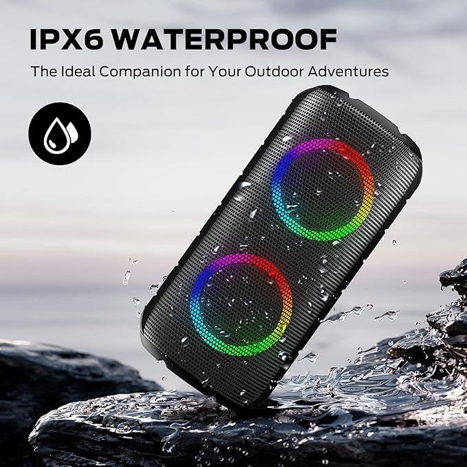 BUGANI Luster Bluetooth Speakers, Portable Wireless Stereo Speaker with Colorful Lights, Loud Sound, Bluetooth 5.3, 24H Playtime, IPX6 Waterproof, AUX-in, for Home/Outdoor/Camping/Beach