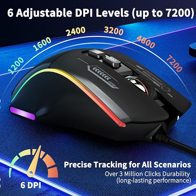 Gaming Mouse, Wired Gaming Mouse with RGB Backlit, 7200DPI Adjustable, PC Gaming Mice with 7 rogrammable Macro Buttonsg, Ergonomic Mouse Gamer for PC, Desktop, Mac，Laptop, Chromebook.