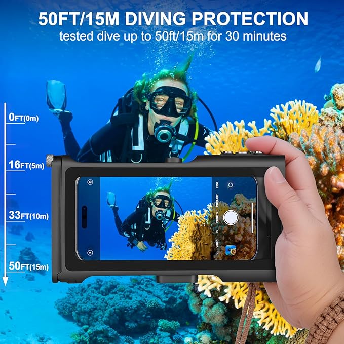 50ft/15m Waterproof Snorkeling Diving Phone Case for iPhone 16-11 pro/pro max & Samsung S24-S21, Underwater Photo & Video Housing with Bluetooth Control Black
