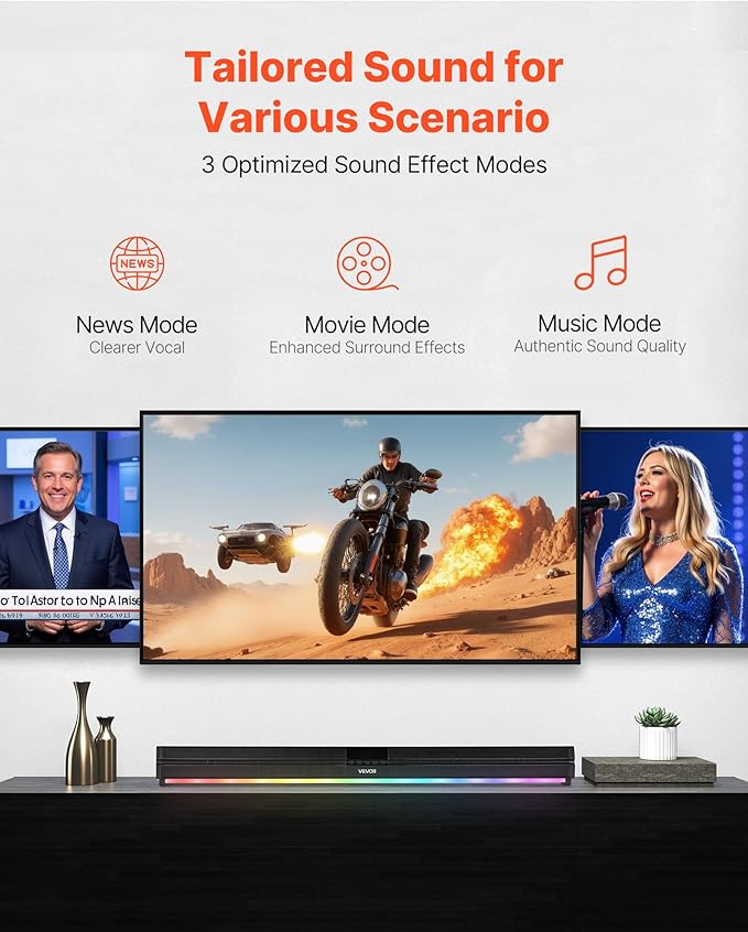 VEVOR Sound Bar for Smart TV, 2.0 Channel, 32-Inch Compact Soundbar TV Speakers for Projector, Bluetooth AUX Connection, Remote Control, Easy Setup, 80W Surround Sound System for PC Home Theater Audio